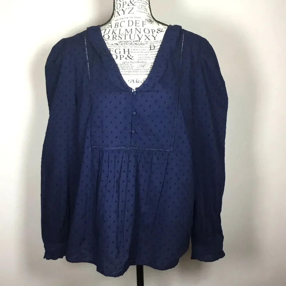 Navy blue 100% cotton blouse raised polka dots ruffles puff sleeve western L
